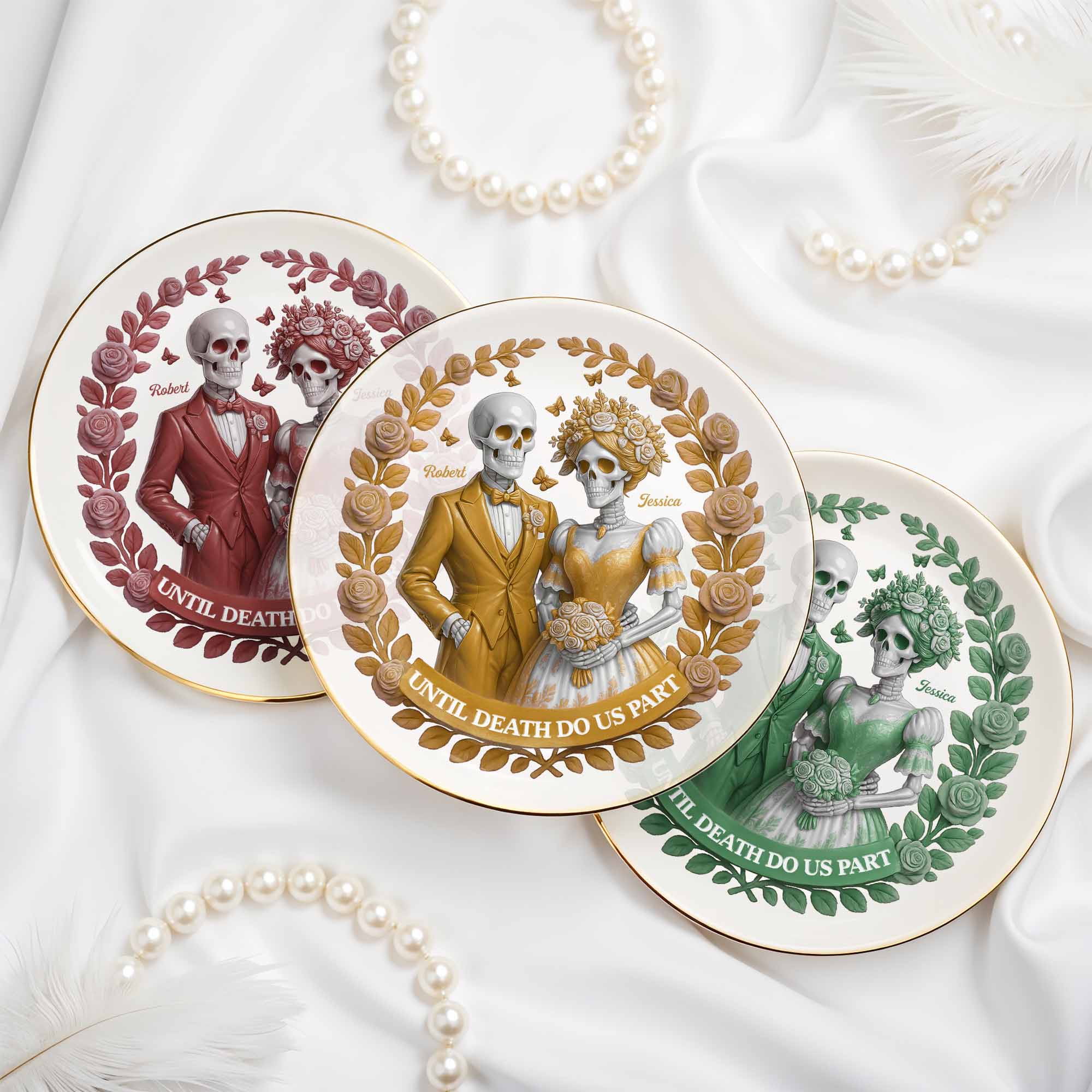 Until Death Do Us Part With Skulls And Roses - Personalized Custom Jewelry Dish, Ceramic Dish, Round Shape - CPL506_RCRF