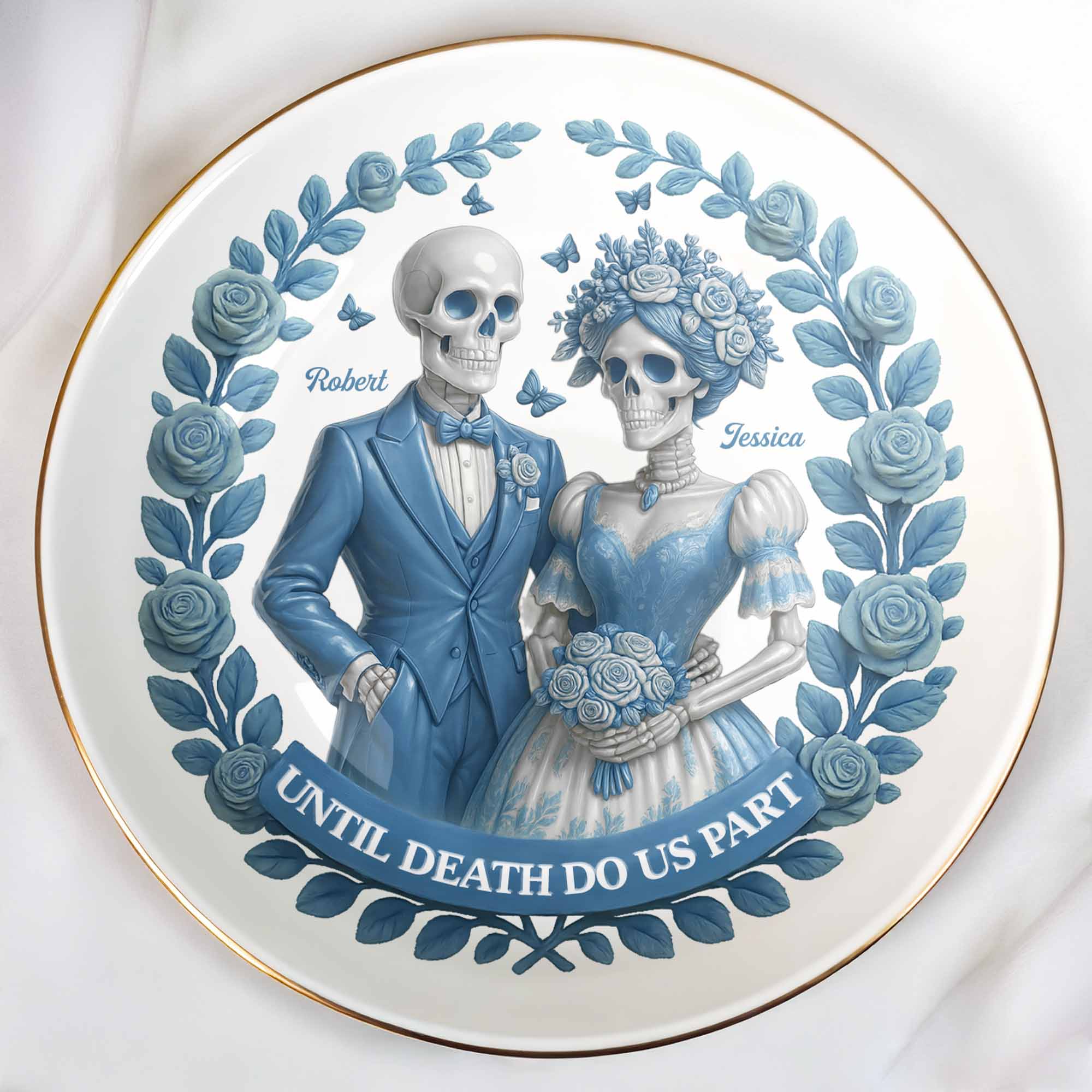Until Death Do Us Part With Skulls And Roses - Personalized Custom Jewelry Dish, Ceramic Dish, Round Shape - CPL506_RCRF