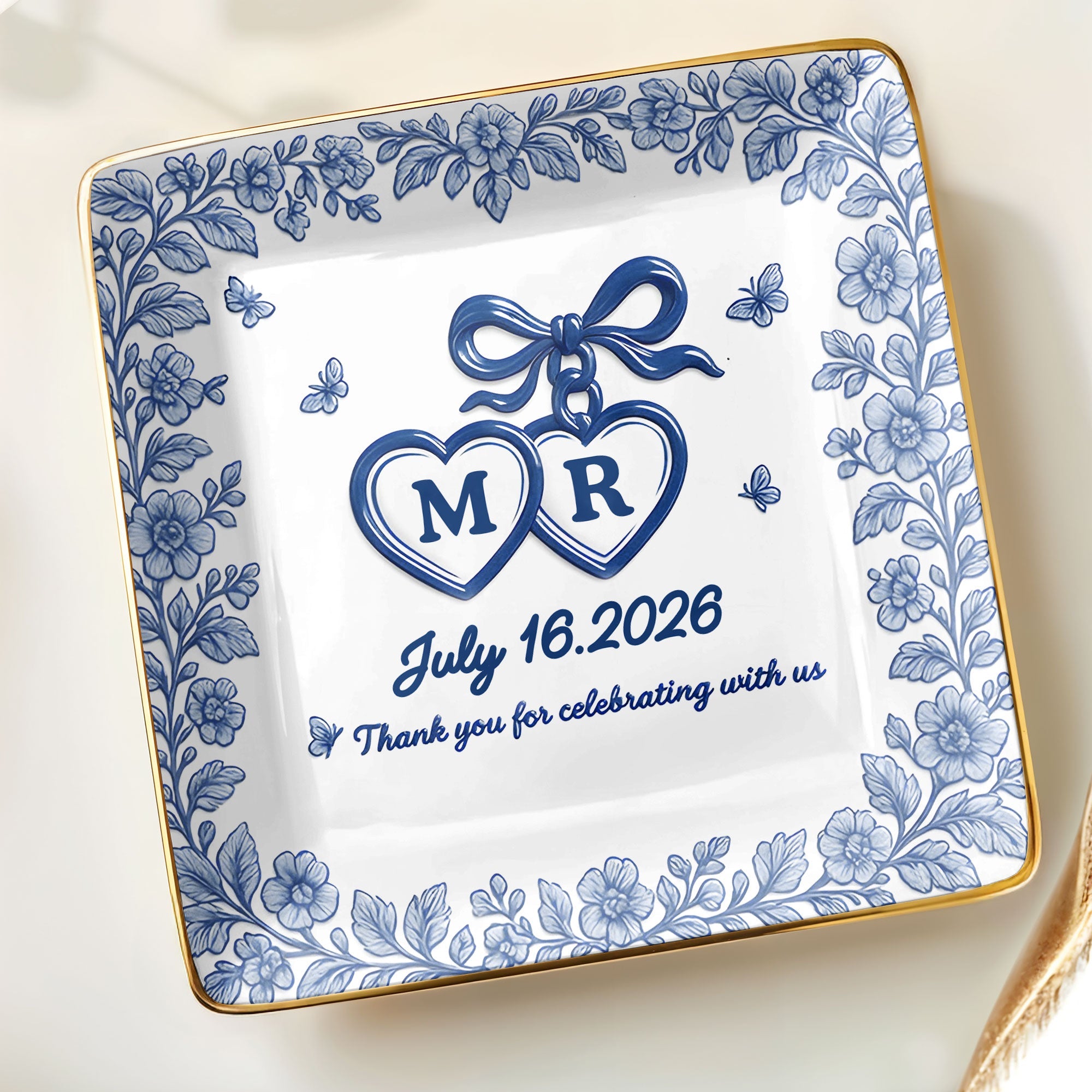 Thank You for Celebrating with Us, Flowers and Hearts - Personalized Custom Jewelry Dish, Ceramic Dish, Square Shape - CPL510_SCRF