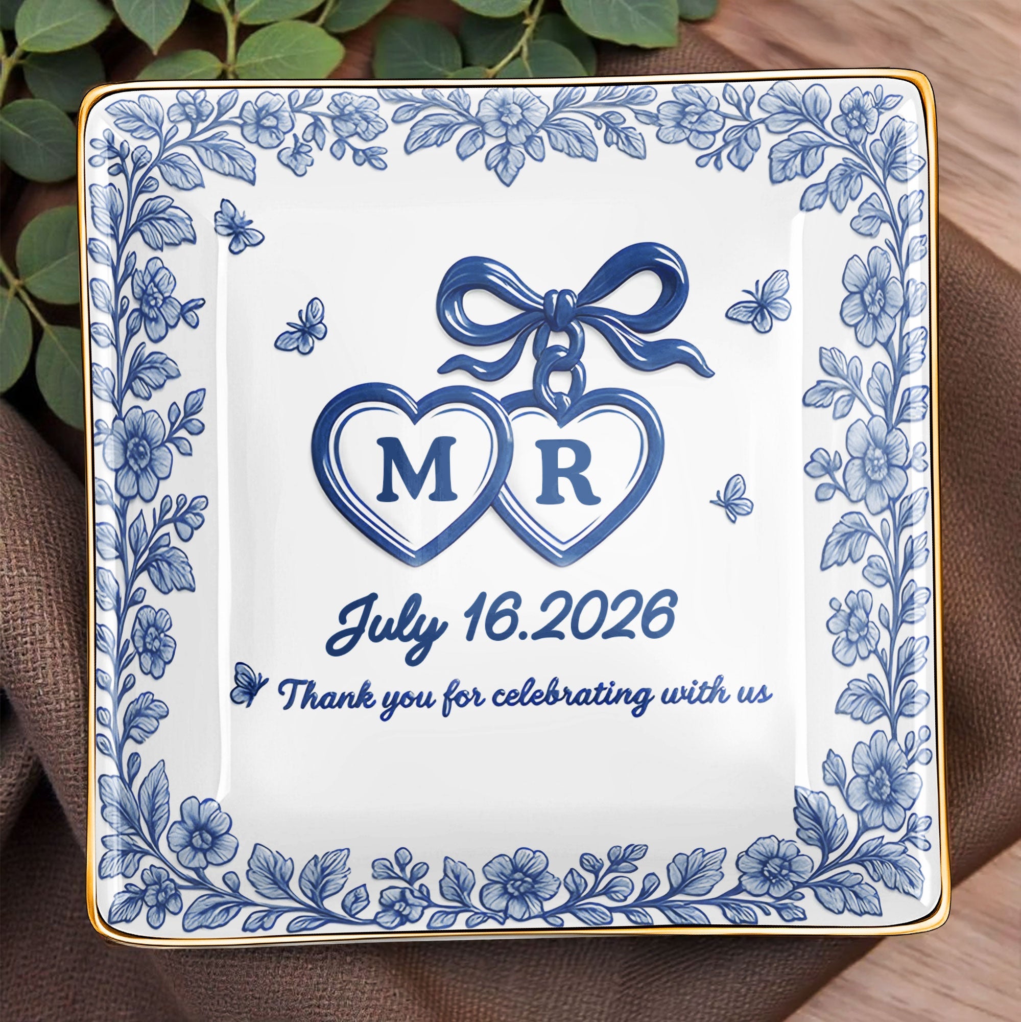Thank You for Celebrating with Us, Flowers and Hearts - Personalized Custom Jewelry Dish, Ceramic Dish, Square Shape - CPL510_SCRF