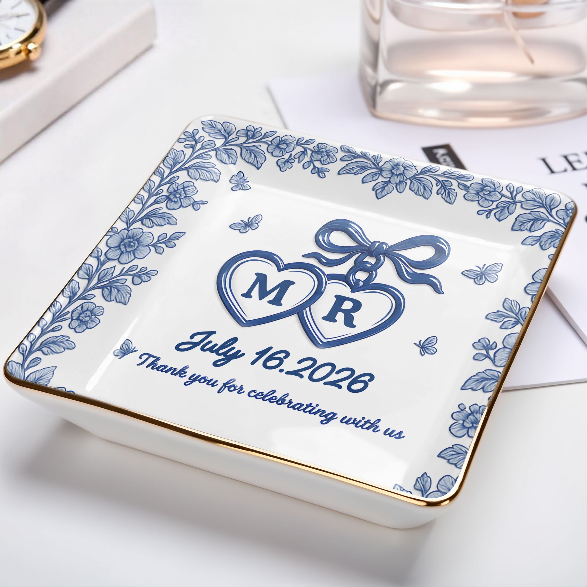 Thank You for Celebrating with Us, Flowers and Hearts - Personalized Custom Jewelry Dish, Ceramic Dish, Square Shape - CPL510_SCRF