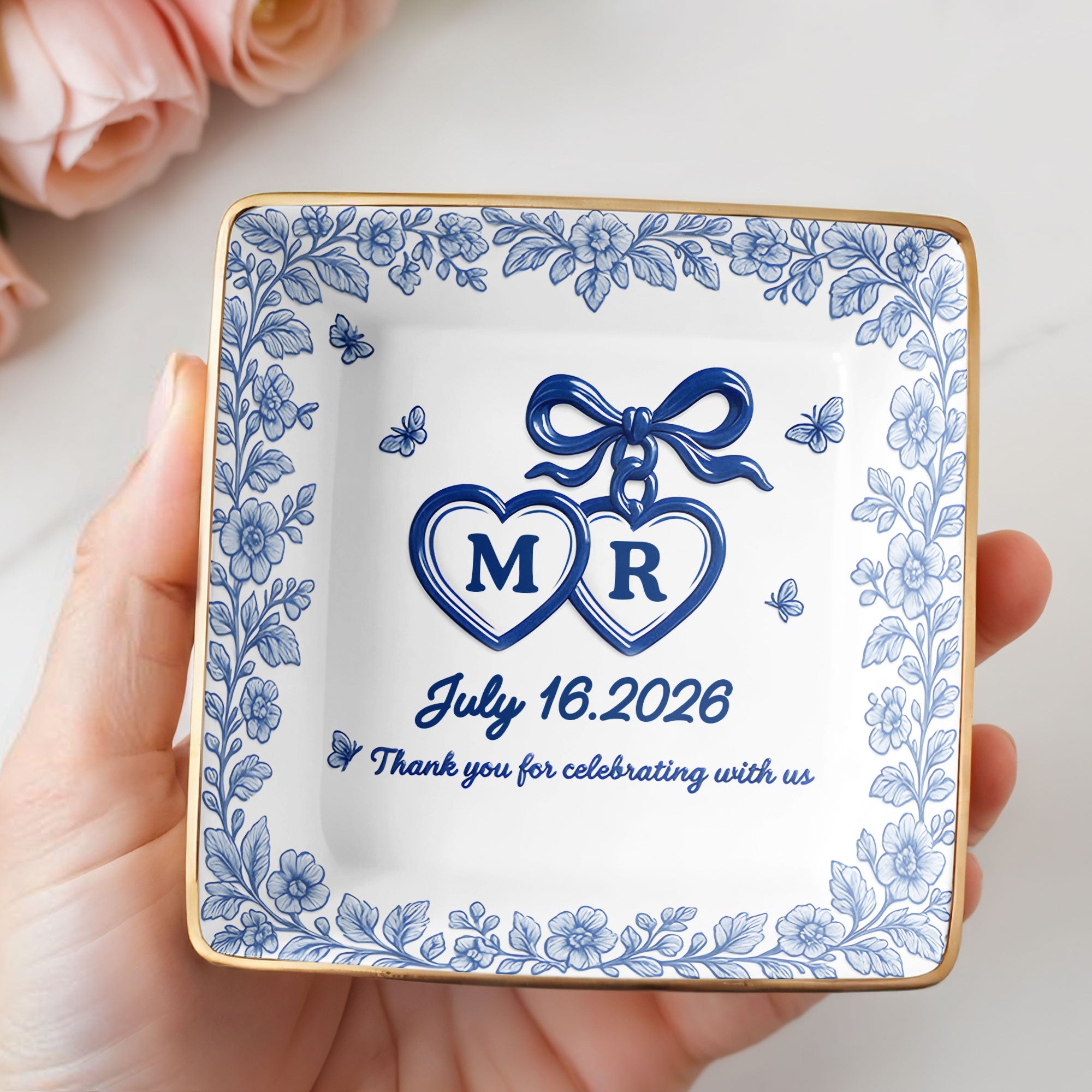 Thank You for Celebrating with Us, Flowers and Hearts - Personalized Custom Jewelry Dish, Ceramic Dish, Square Shape - CPL510_SCRF