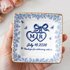 Thank You for Celebrating with Us, Flowers and Hearts - Personalized Custom Jewelry Dish, Ceramic Dish, Square Shape - CPL510_SCRF
