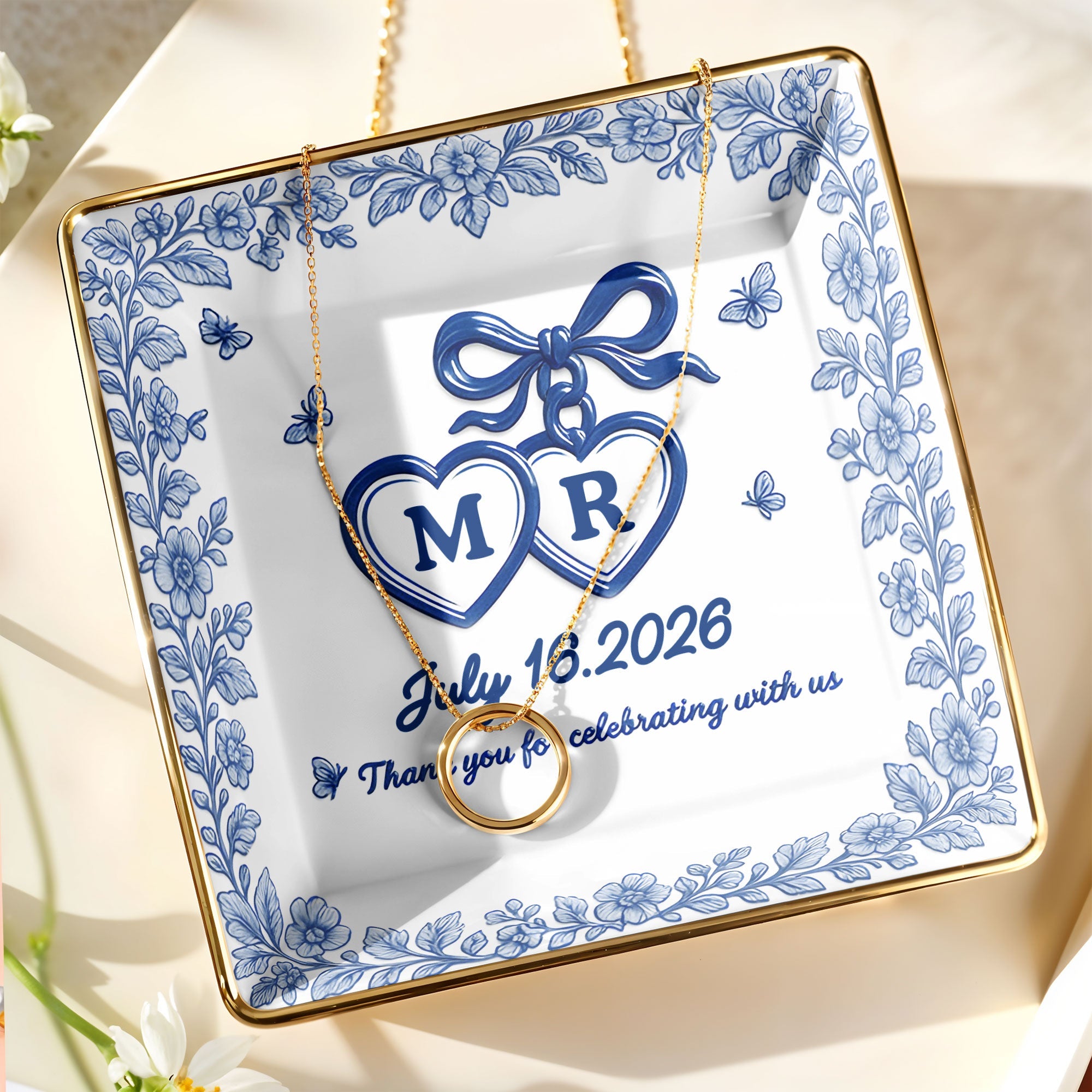 Thank You for Celebrating with Us, Flowers and Hearts - Personalized Custom Jewelry Dish, Ceramic Dish, Square Shape - CPL510_SCRF