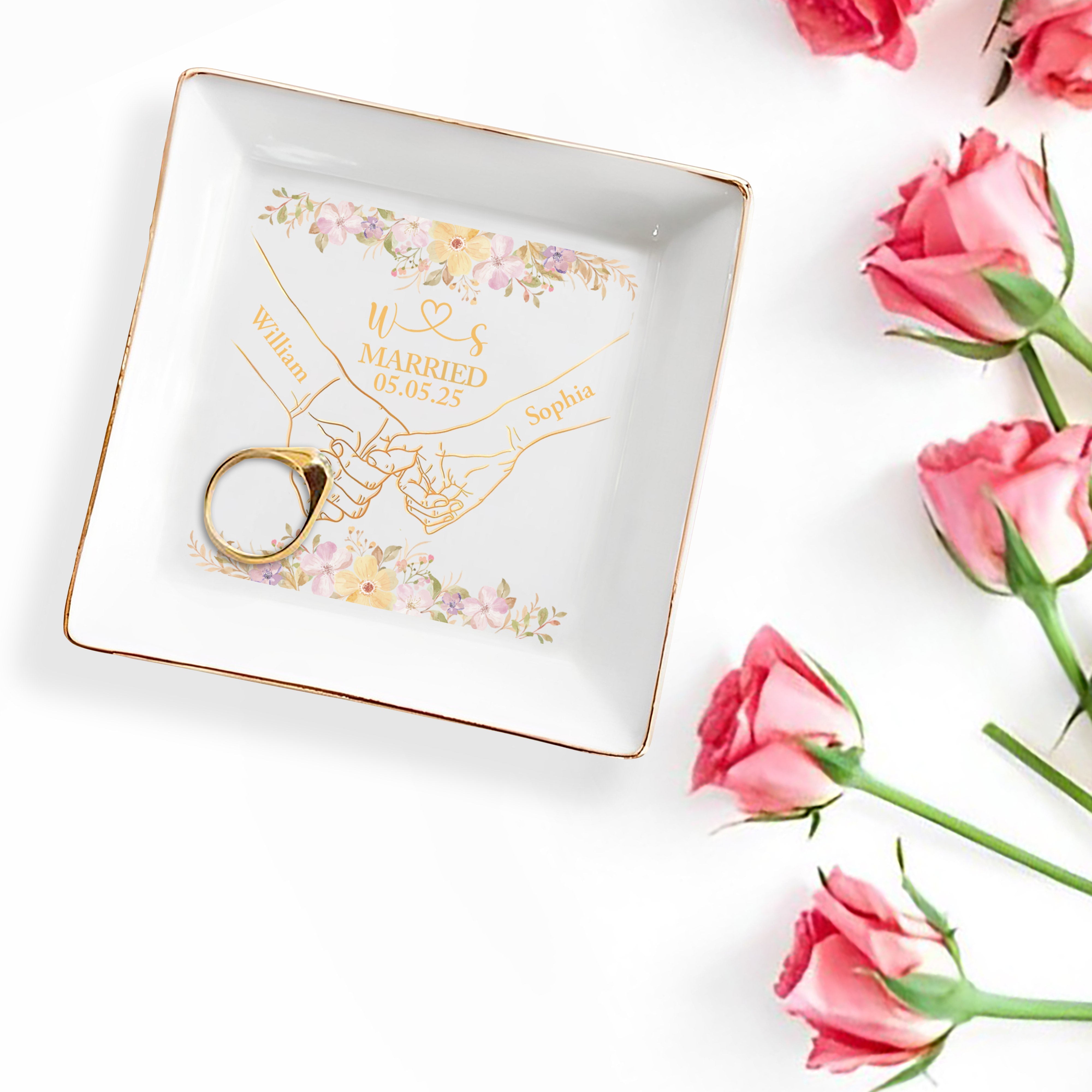 Celebrating A Timeless Bond With Flowers And Wedding Rings - Personalized Custom Jewelry Dish, Square Ceramic Dish - CPL536_SCRD