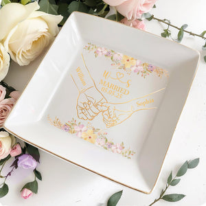 Celebrating A Timeless Bond With Flowers And Wedding Rings - Personalized Custom Jewelry Dish, Square Ceramic Dish - CPL536_SCRD
