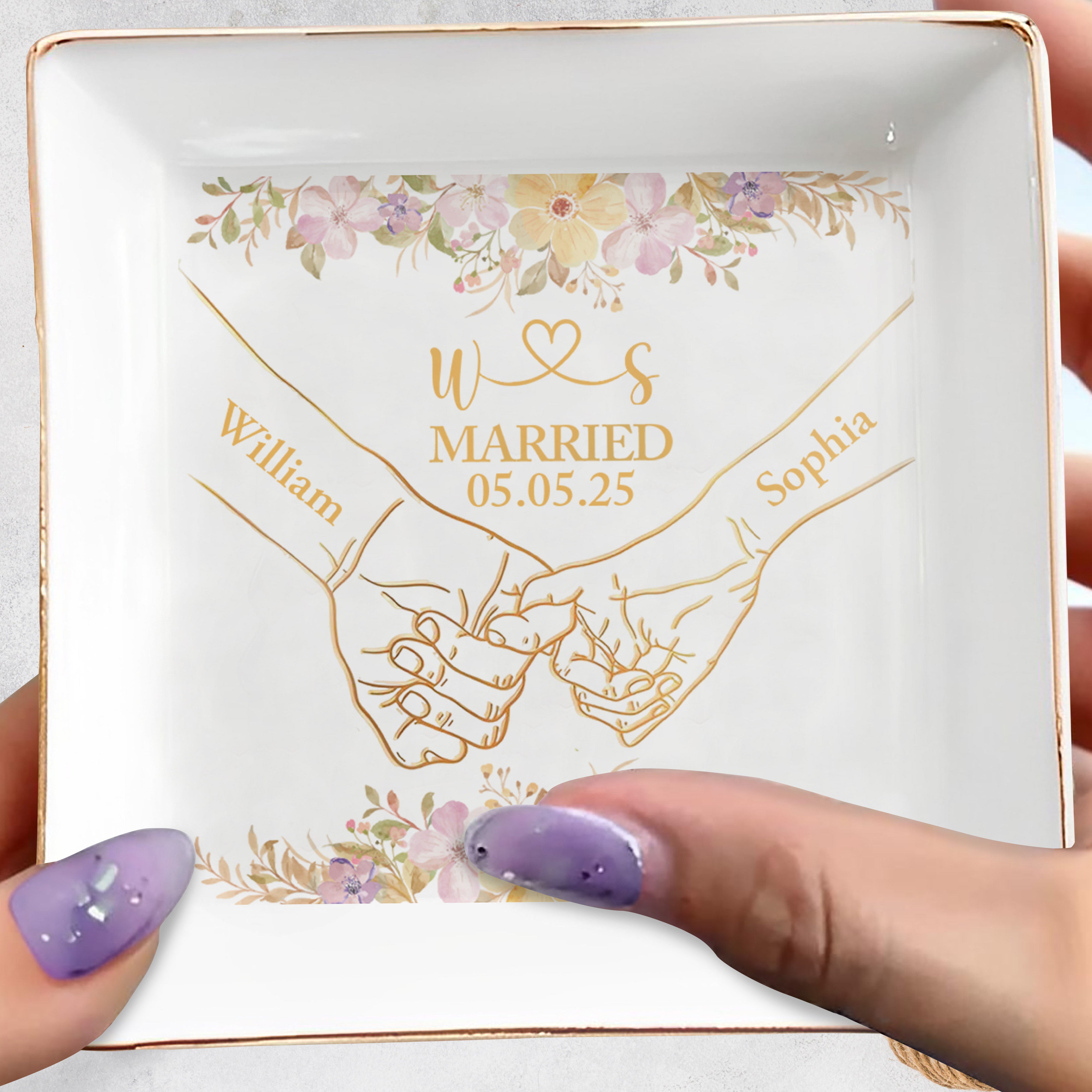 Celebrating A Timeless Bond With Flowers And Wedding Rings - Personalized Custom Jewelry Dish, Square Ceramic Dish - CPL536_SCRD