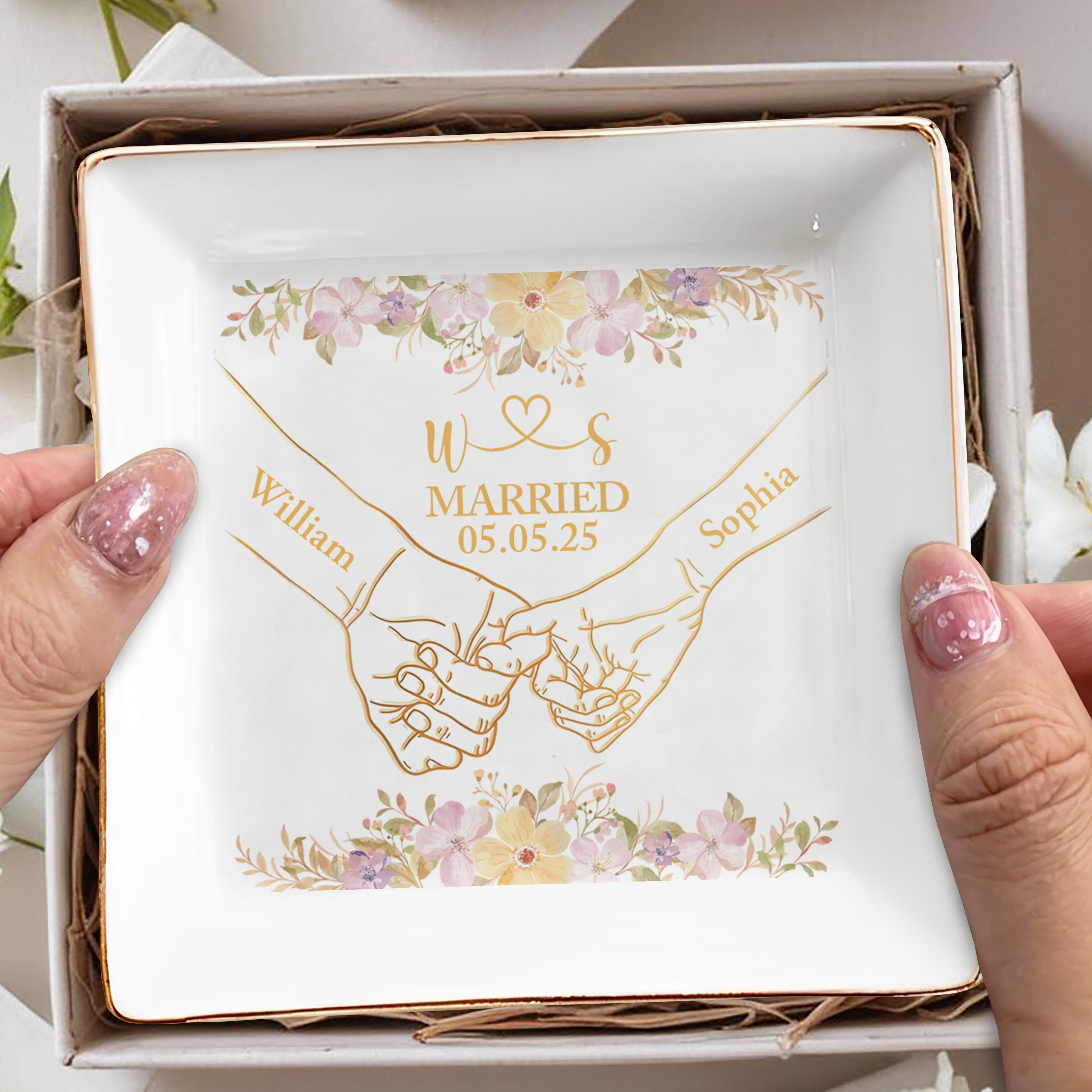 Celebrating A Timeless Bond With Flowers And Wedding Rings - Personalized Custom Jewelry Dish, Square Ceramic Dish - CPL536_SCRD