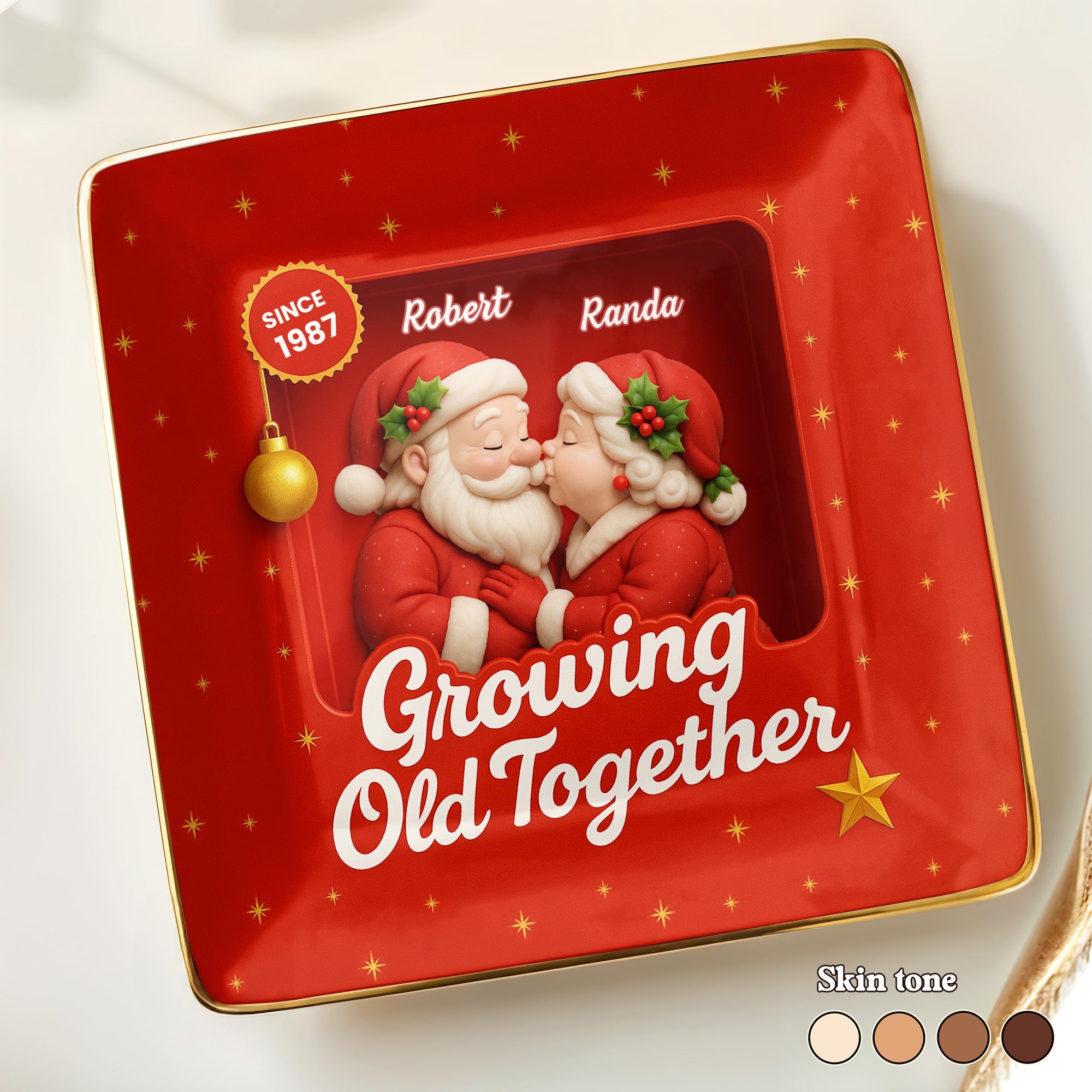 Growing Old Together, Santa Claus And Holly Berries - Personalized Custom Jewelry Dish, Ceramic Dish, Square Shape - CPL674_SCRF