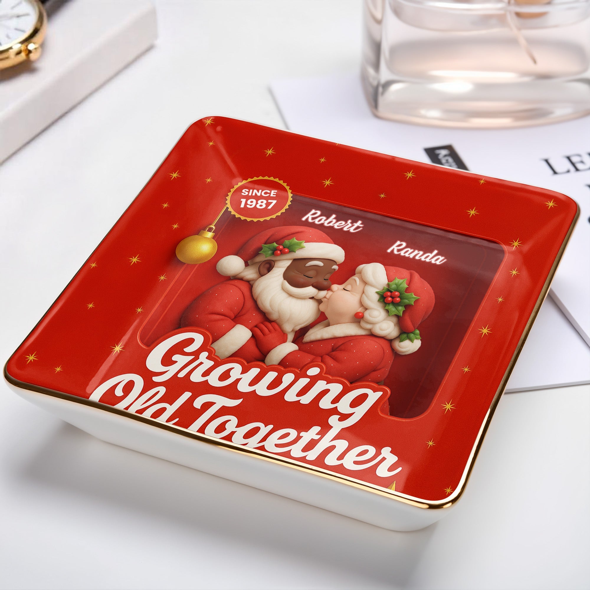 Growing Old Together, Santa Claus And Holly Berries - Personalized Custom Jewelry Dish, Ceramic Dish, Square Shape - CPL674_SCRF