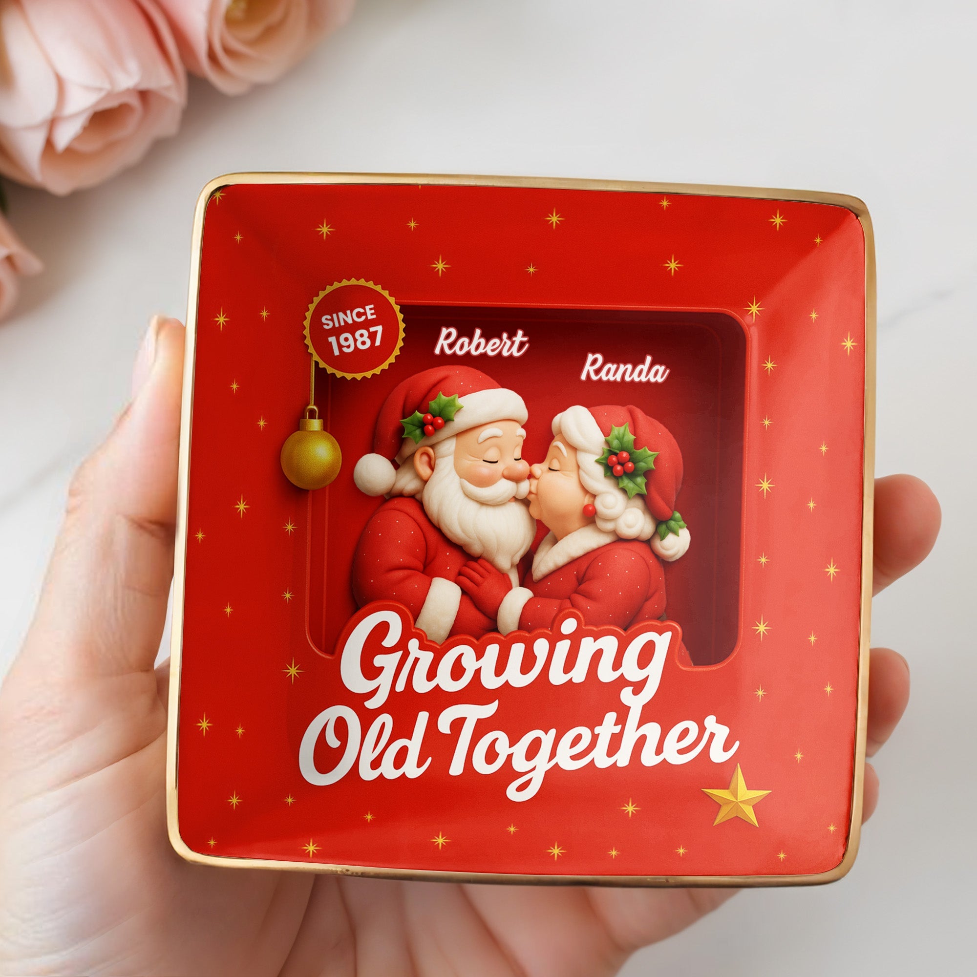 Growing Old Together, Santa Claus And Holly Berries - Personalized Custom Jewelry Dish, Ceramic Dish, Square Shape - CPL674_SCRF