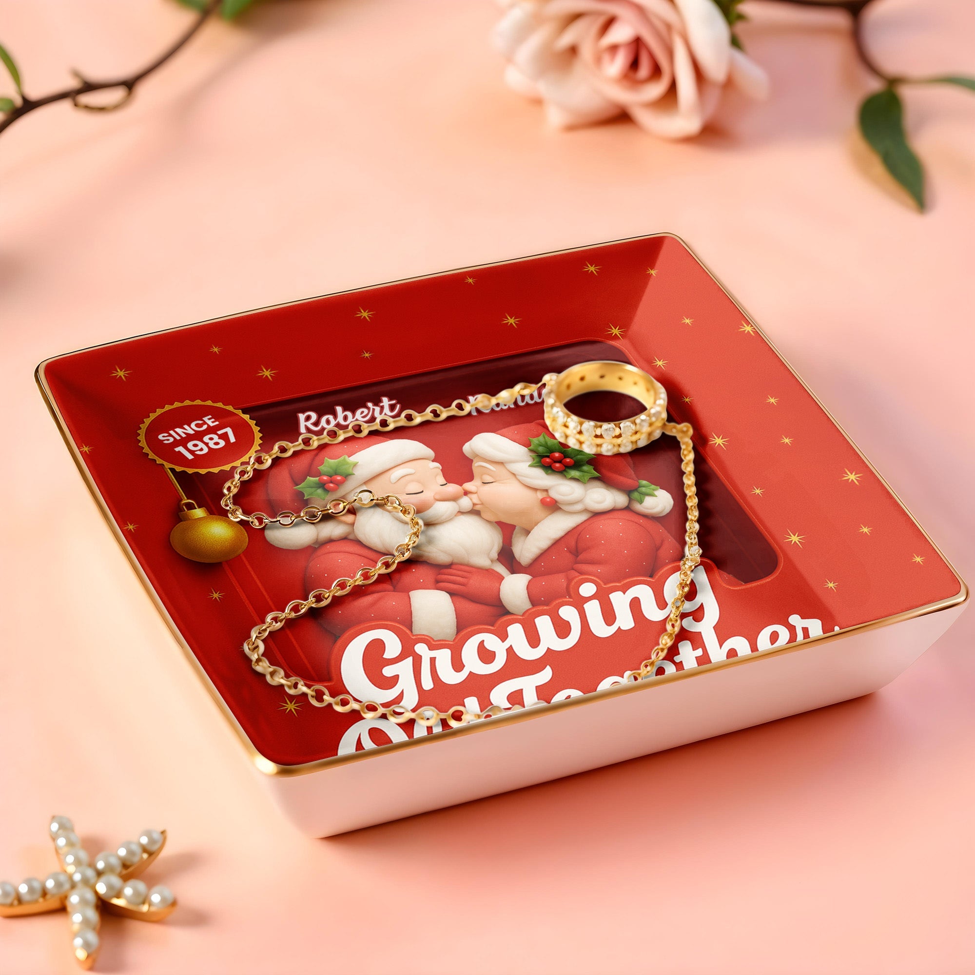 Growing Old Together, Santa Claus And Holly Berries - Personalized Custom Jewelry Dish, Ceramic Dish, Square Shape - CPL674_SCRF