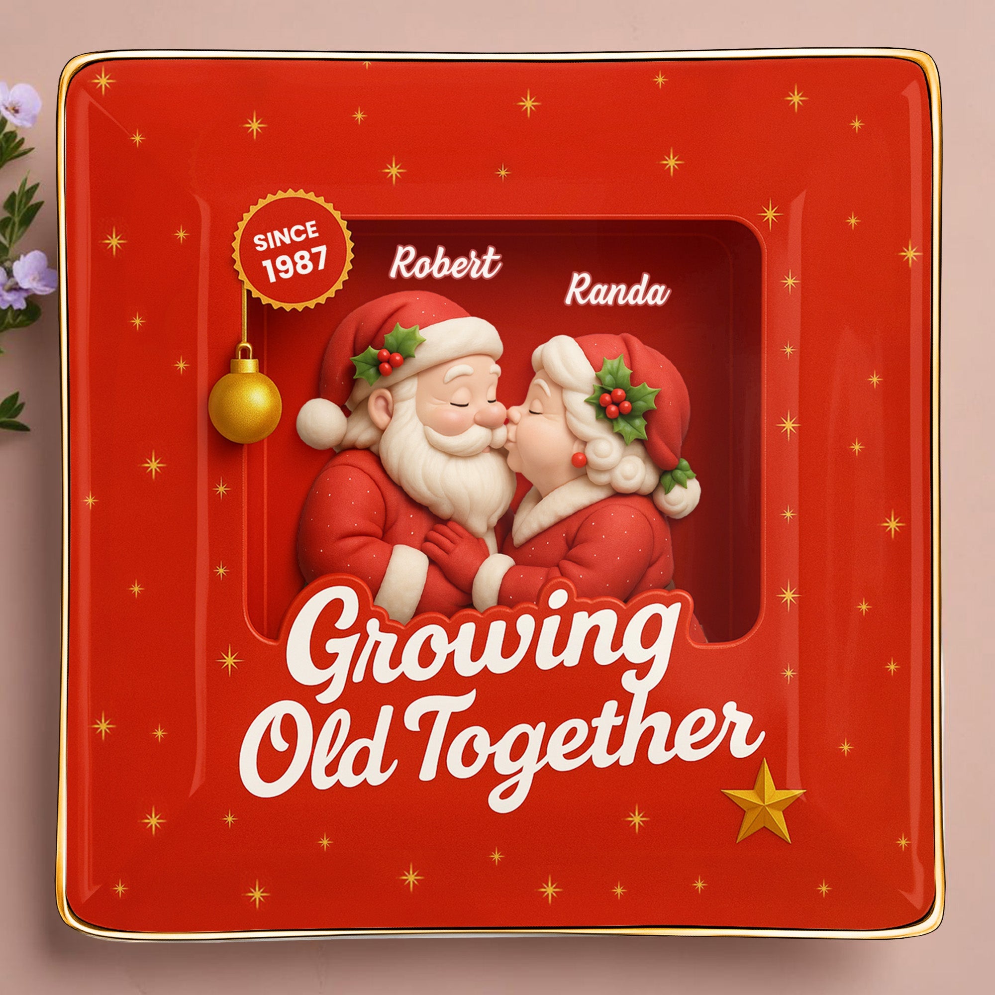 Growing Old Together, Santa Claus And Holly Berries - Personalized Custom Jewelry Dish, Ceramic Dish, Square Shape - CPL674_SCRF