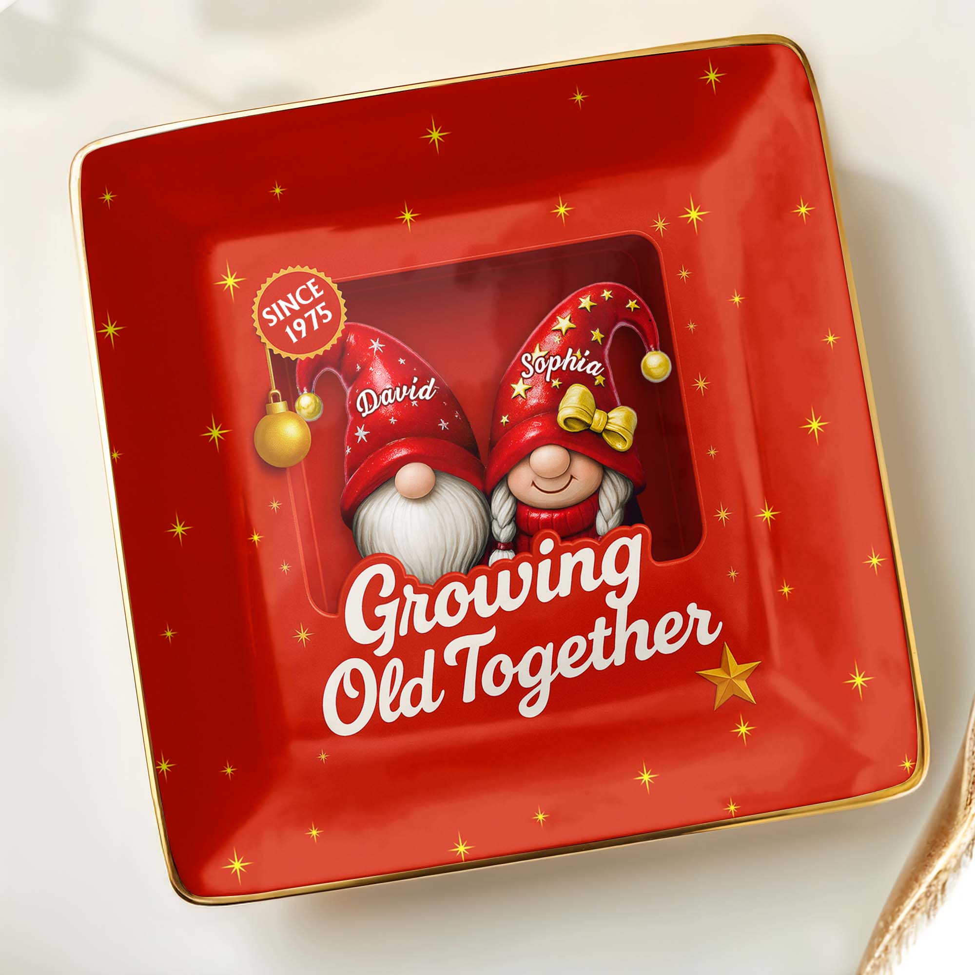 Growing Old Together With Gnomes and Stars - Personalized Custom Jewelry Dish, Ceramic Dish, Square Shape - CPL679_SCRF