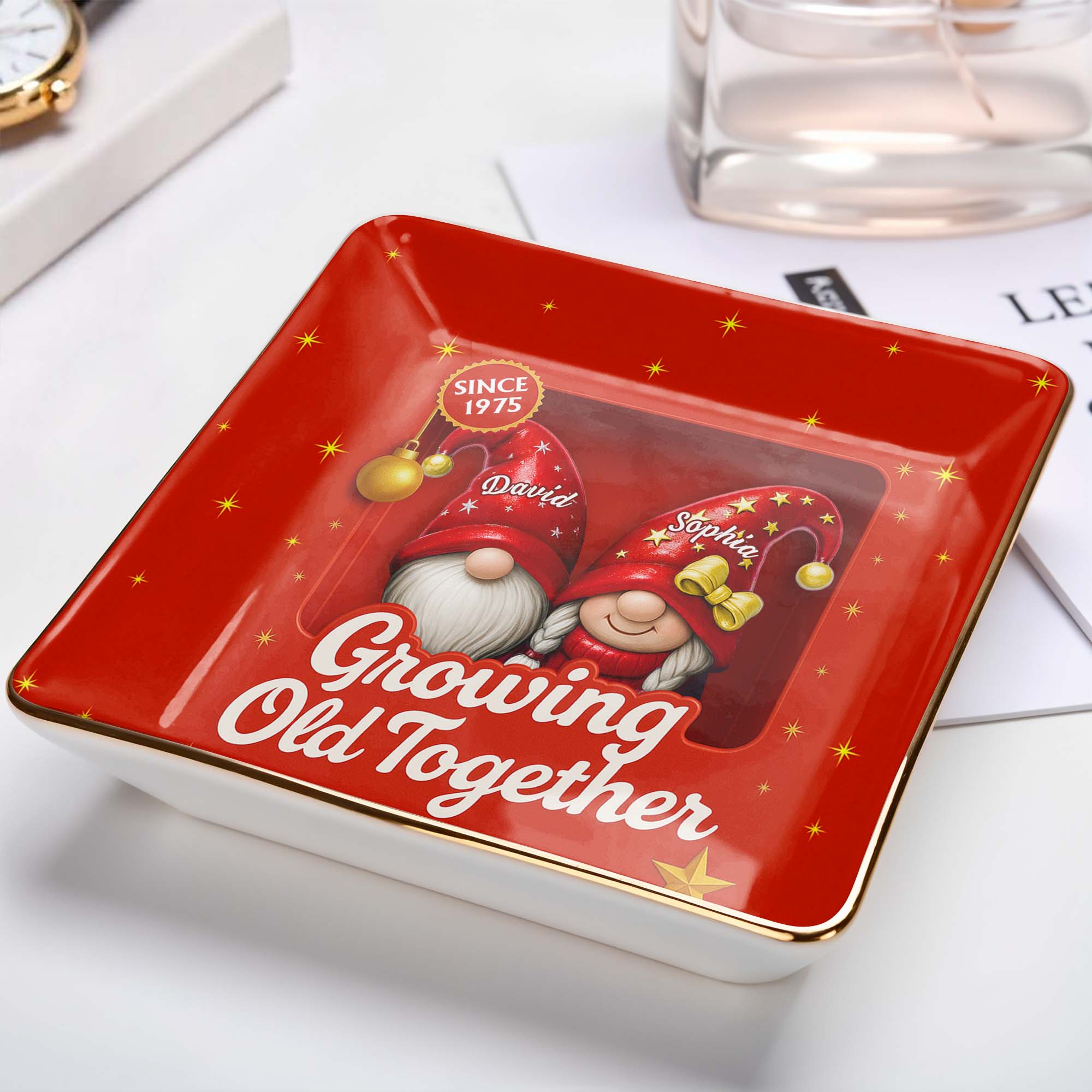 Growing Old Together With Gnomes and Stars - Personalized Custom Jewelry Dish, Ceramic Dish, Square Shape - CPL679_SCRF