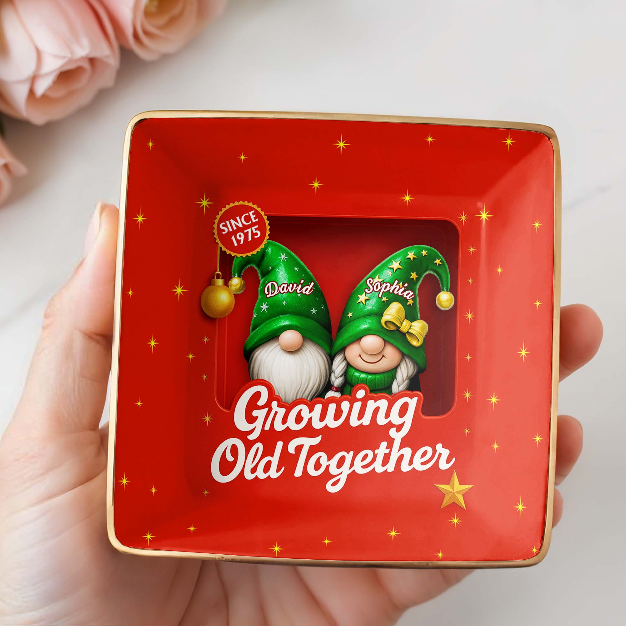 Growing Old Together With Gnomes and Stars - Personalized Custom Jewelry Dish, Ceramic Dish, Square Shape - CPL679_SCRF
