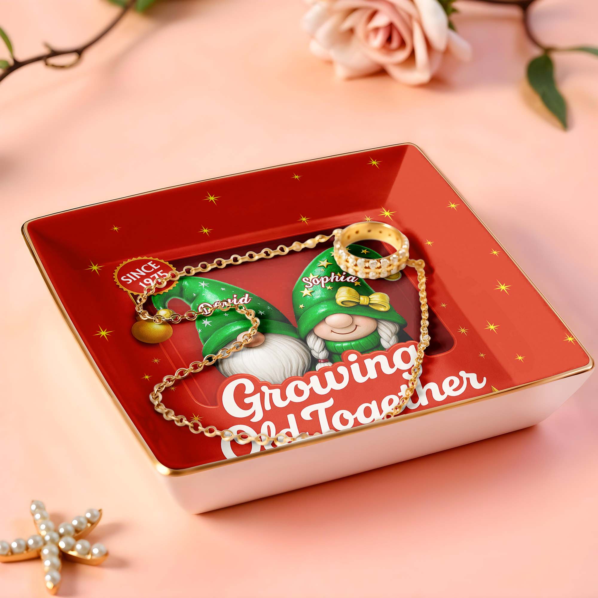 Growing Old Together With Gnomes and Stars - Personalized Custom Jewelry Dish, Ceramic Dish, Square Shape - CPL679_SCRF
