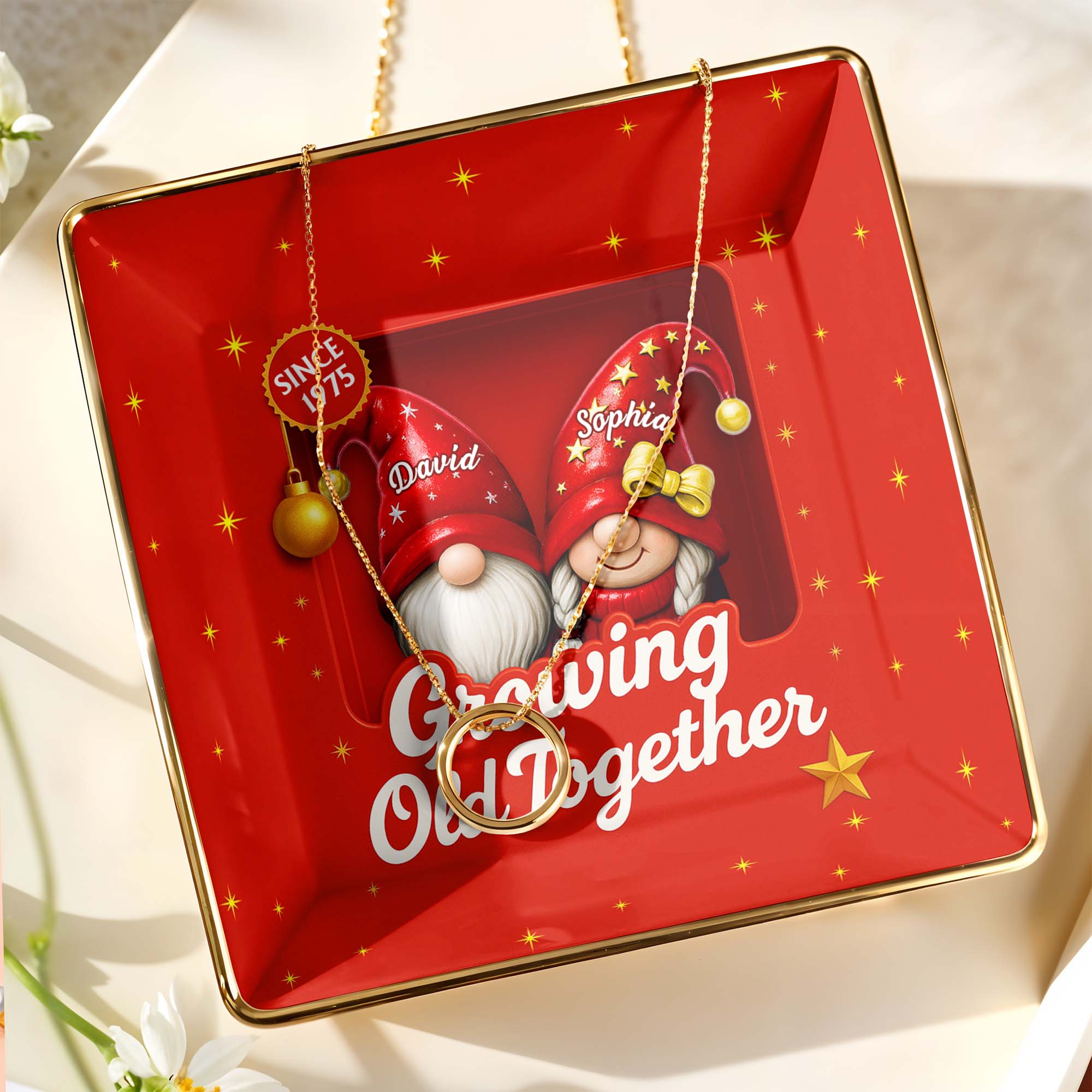 Growing Old Together With Gnomes and Stars - Personalized Custom Jewelry Dish, Ceramic Dish, Square Shape - CPL679_SCRF