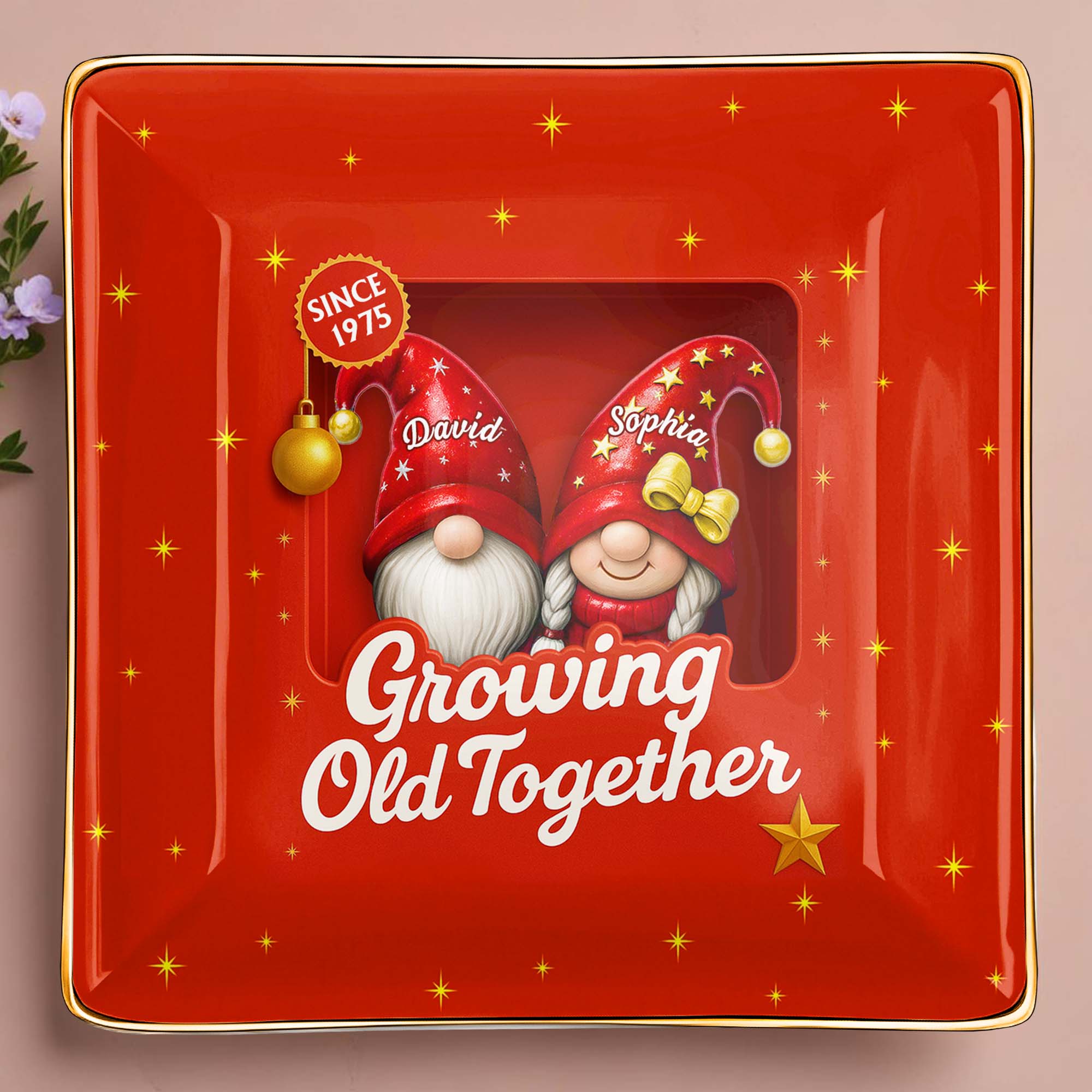 Growing Old Together With Gnomes and Stars - Personalized Custom Jewelry Dish, Ceramic Dish, Square Shape - CPL679_SCRF
