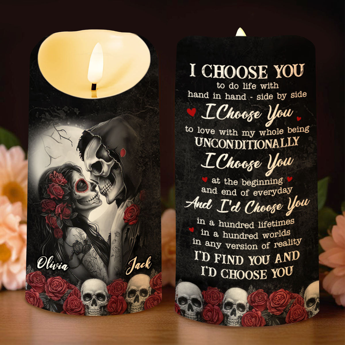 I Choose You, Skulls And Roses - Personalized Custom LED Candle - CPL835_LECA