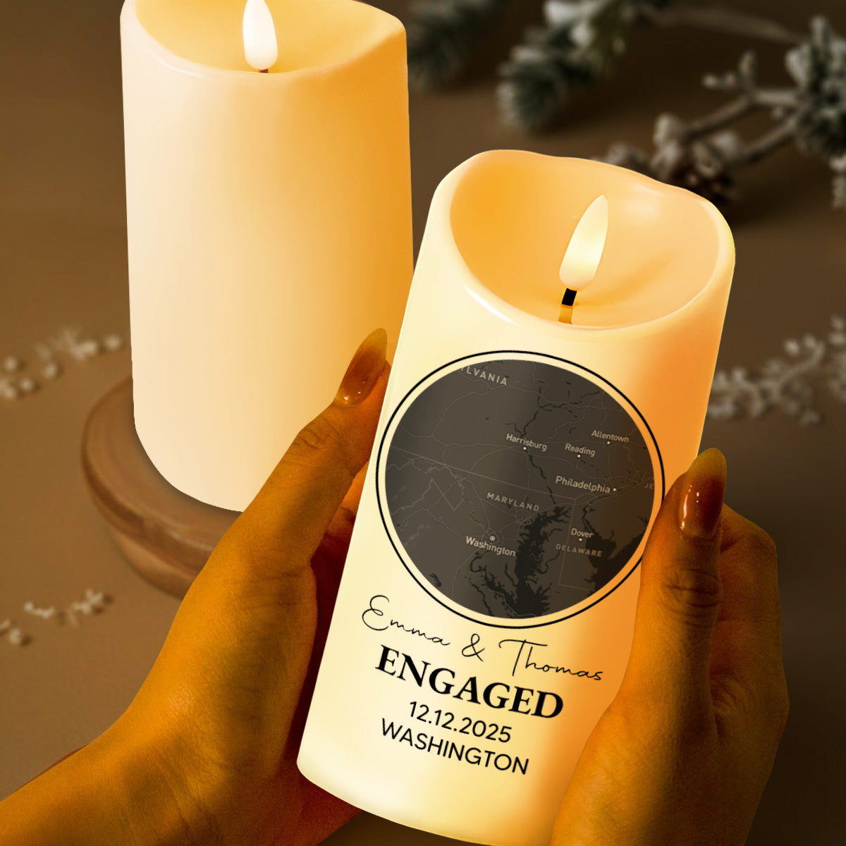 Celebrating Our Engagement With Map And Text - Personalized Custom LED Candle - CPL870_LECA