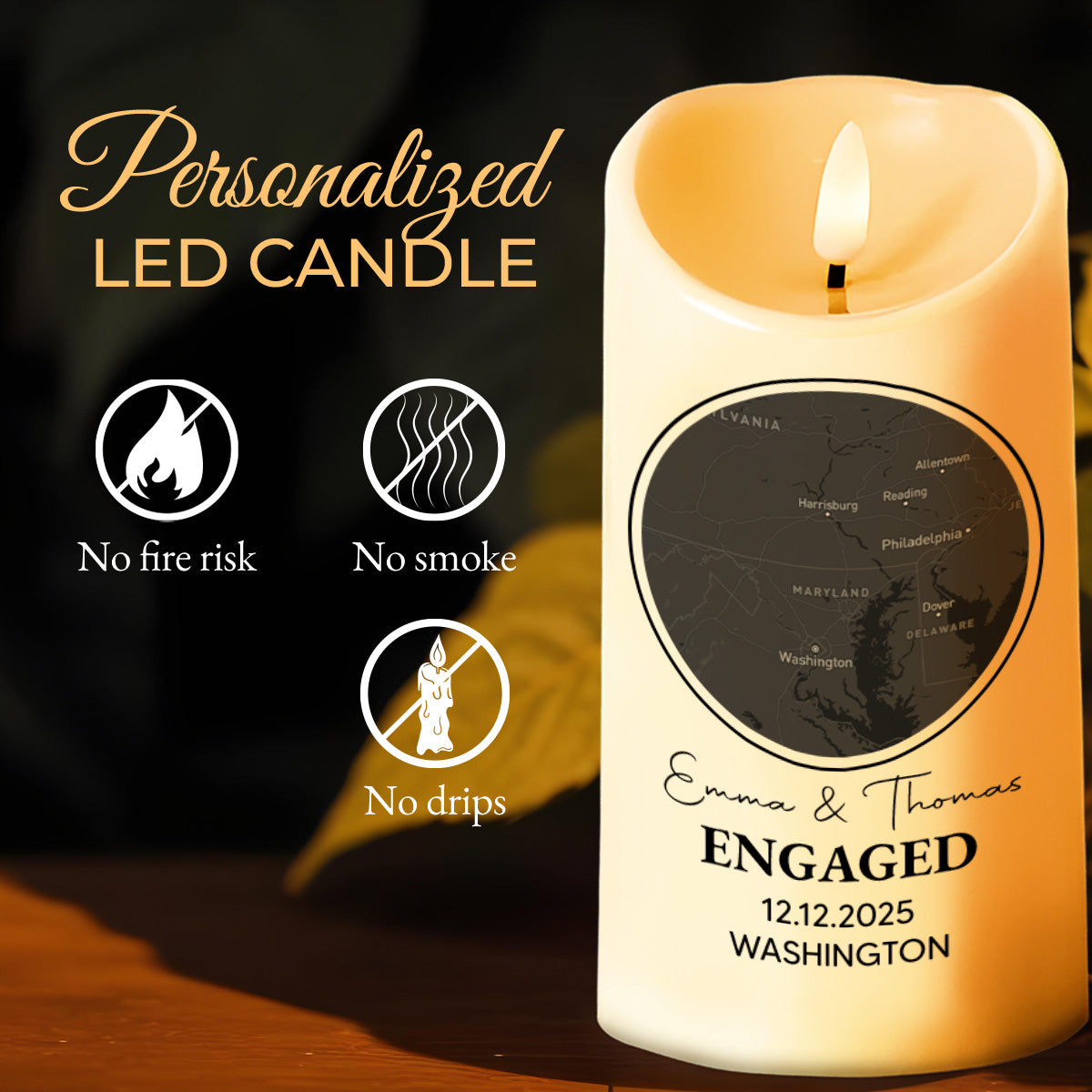 Celebrating Our Engagement With Map And Text - Personalized Custom LED Candle - CPL870_LECA