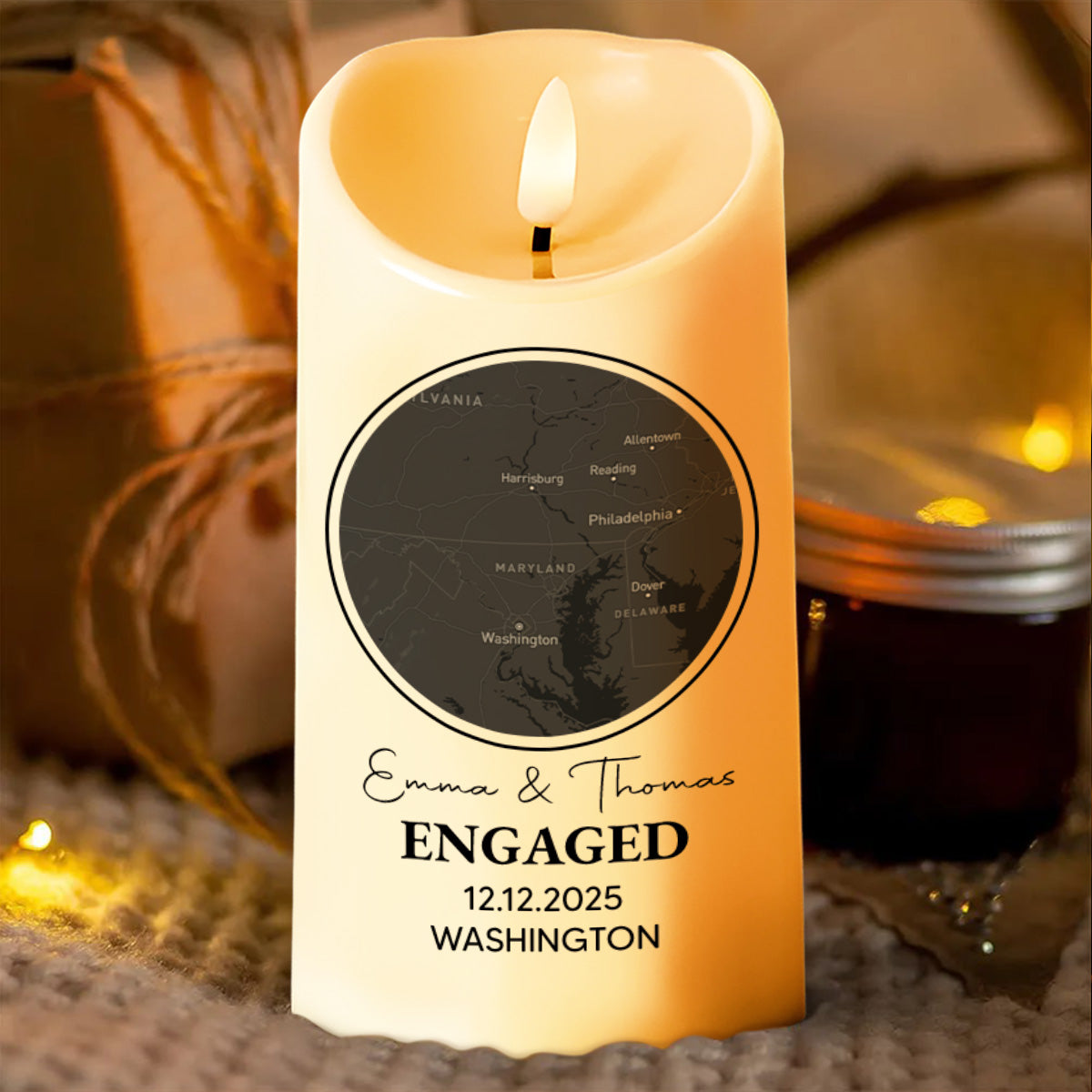 Celebrating Our Engagement With Map And Text - Personalized Custom LED Candle - CPL870_LECA