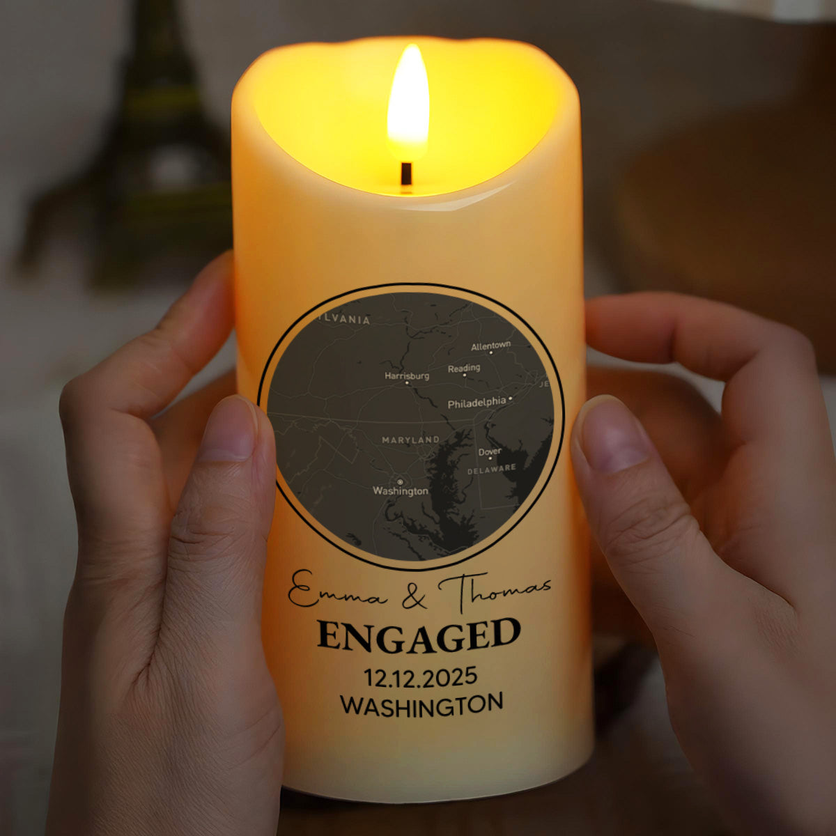 Celebrating Our Engagement With Map And Text - Personalized Custom LED Candle - CPL870_LECA