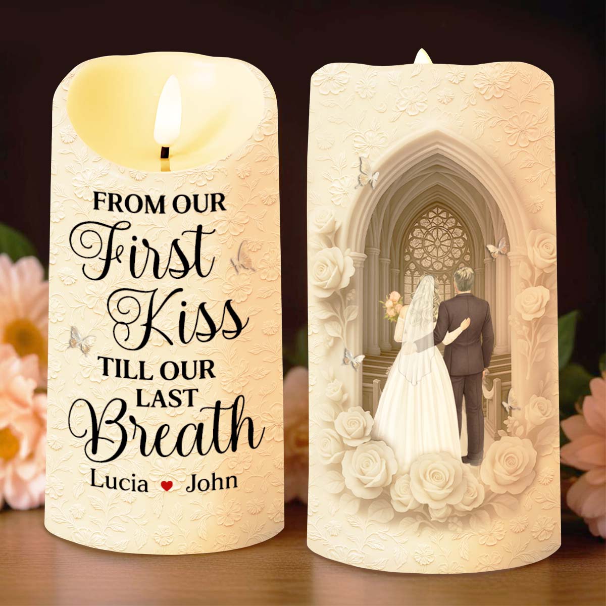 From Our First Kiss Till Our Last Breath, Roses and Wedding Couple - Personalized Custom LED Candle - CPL923_LECA