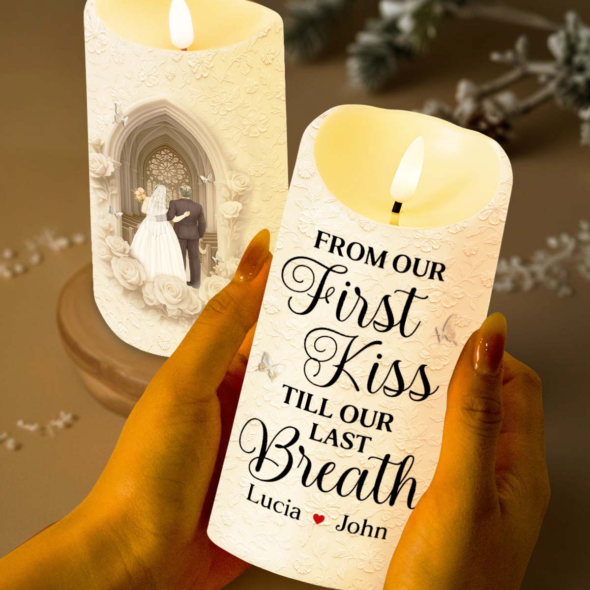 From Our First Kiss Till Our Last Breath, Roses and Wedding Couple - Personalized Custom LED Candle - CPL923_LECA