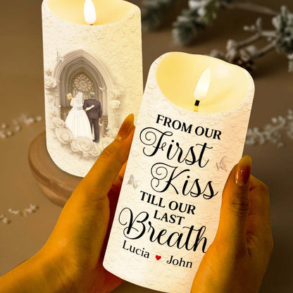 From Our First Kiss Till Our Last Breath, Roses and Wedding Couple - Personalized Custom LED Candle - CPL923_LECA