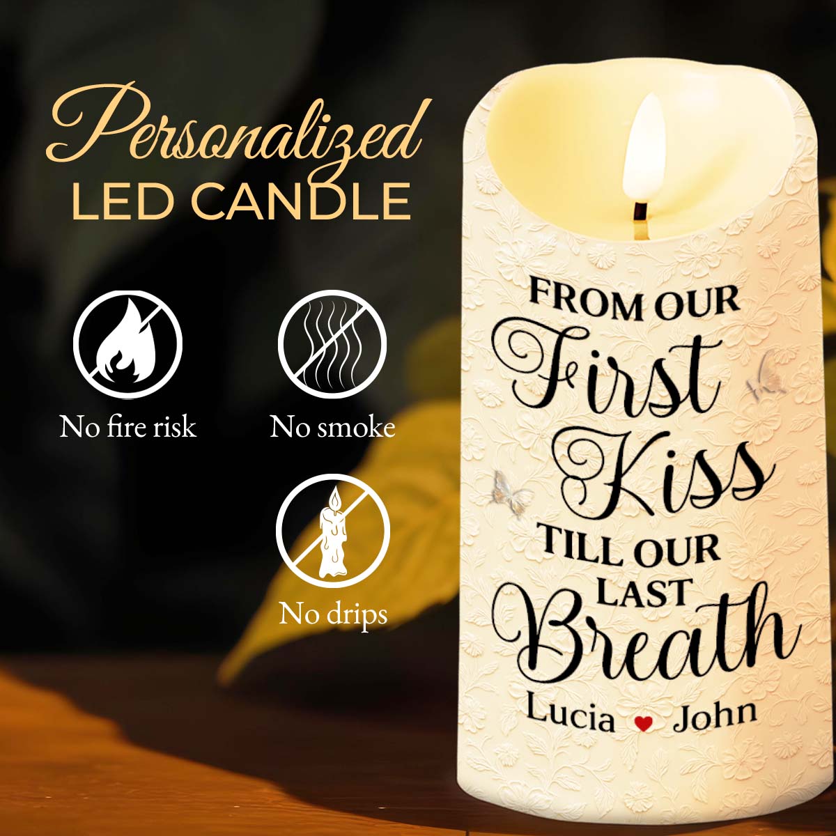From Our First Kiss Till Our Last Breath, Roses and Wedding Couple - Personalized Custom LED Candle - CPL923_LECA