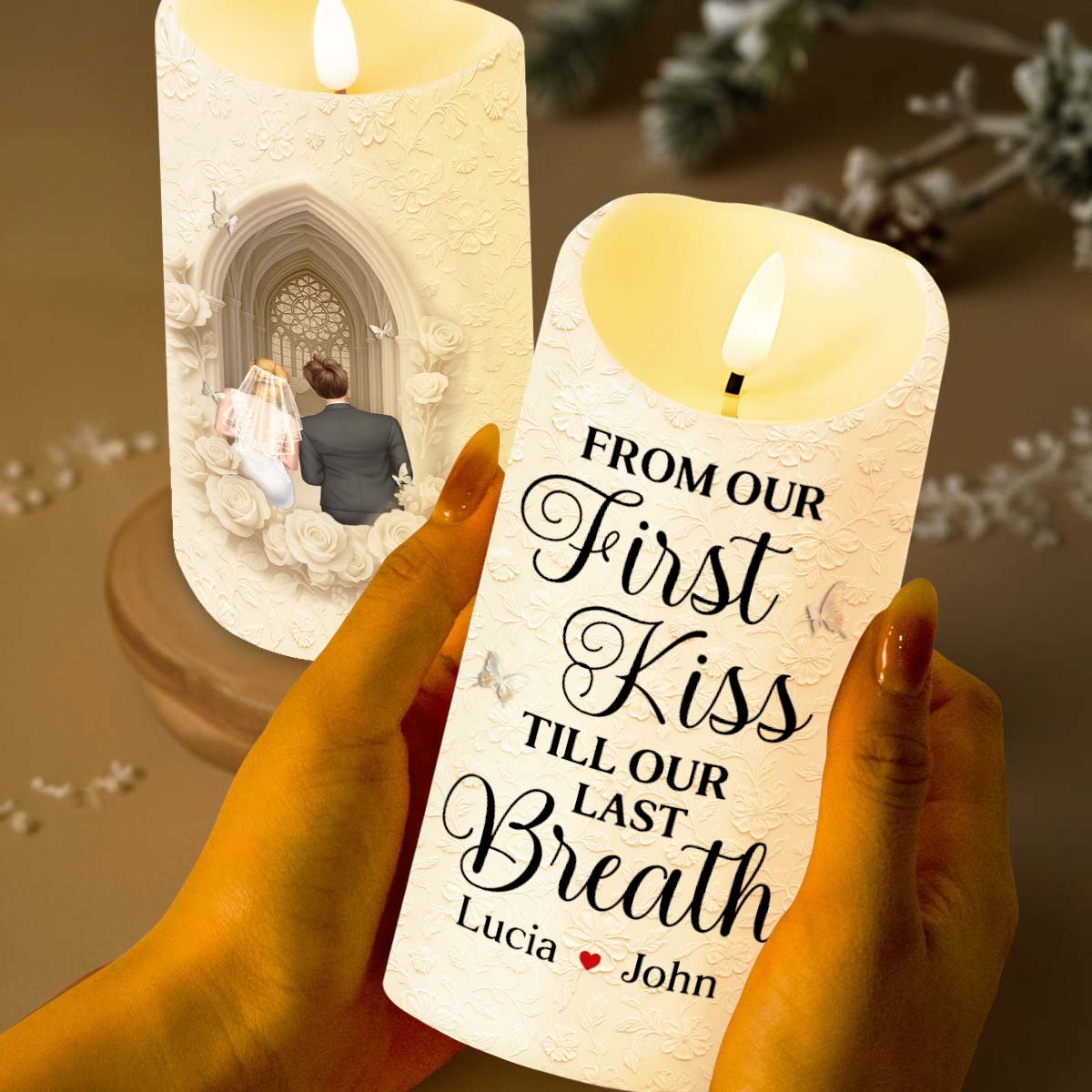 From Our First Kiss Till Our Last Breath, Roses And Church Door - Personalized Custom LED Candle - CPL924_LECA