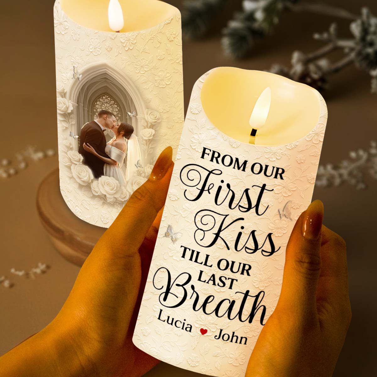 From Our First Kiss Till Our Last Breath With Roses and Wedding Imagery - Personalized Custom LED Candle - CPL925_LECA