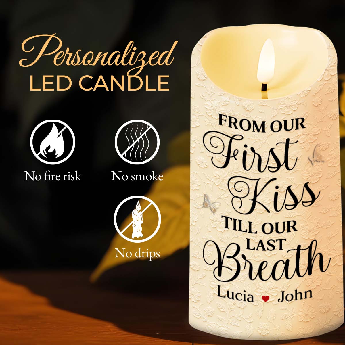 From Our First Kiss Till Our Last Breath With Roses and Wedding Imagery - Personalized Custom LED Candle - CPL925_LECA