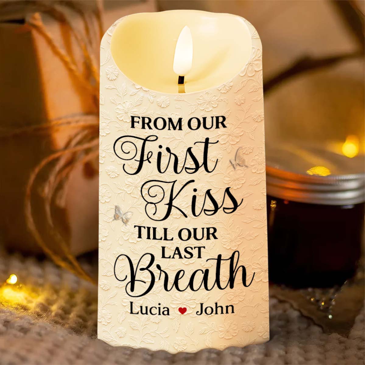 From Our First Kiss Till Our Last Breath With Roses and Wedding Imagery - Personalized Custom LED Candle - CPL925_LECA