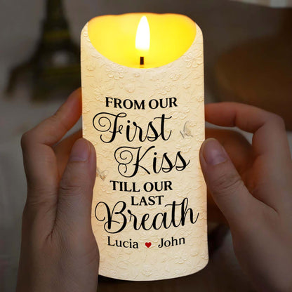 From Our First Kiss Till Our Last Breath With Roses and Wedding Imagery - Personalized Custom LED Candle - CPL925_LECA