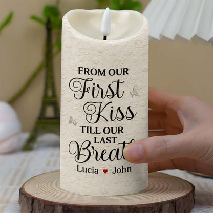 From Our First Kiss Till Our Last Breath With Roses and Wedding Imagery - Personalized Custom LED Candle - CPL925_LECA