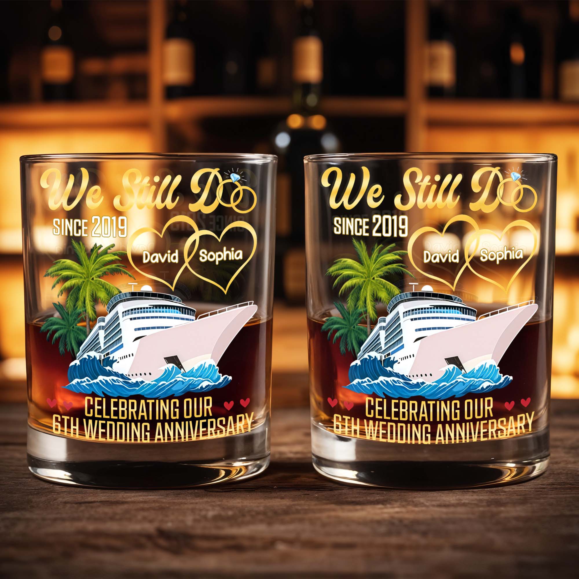 Celebrating Our Wedding Anniversary, Palm Trees And Cruise Ship - Personalized Custom Whiskey Glass - CPL978_RWG