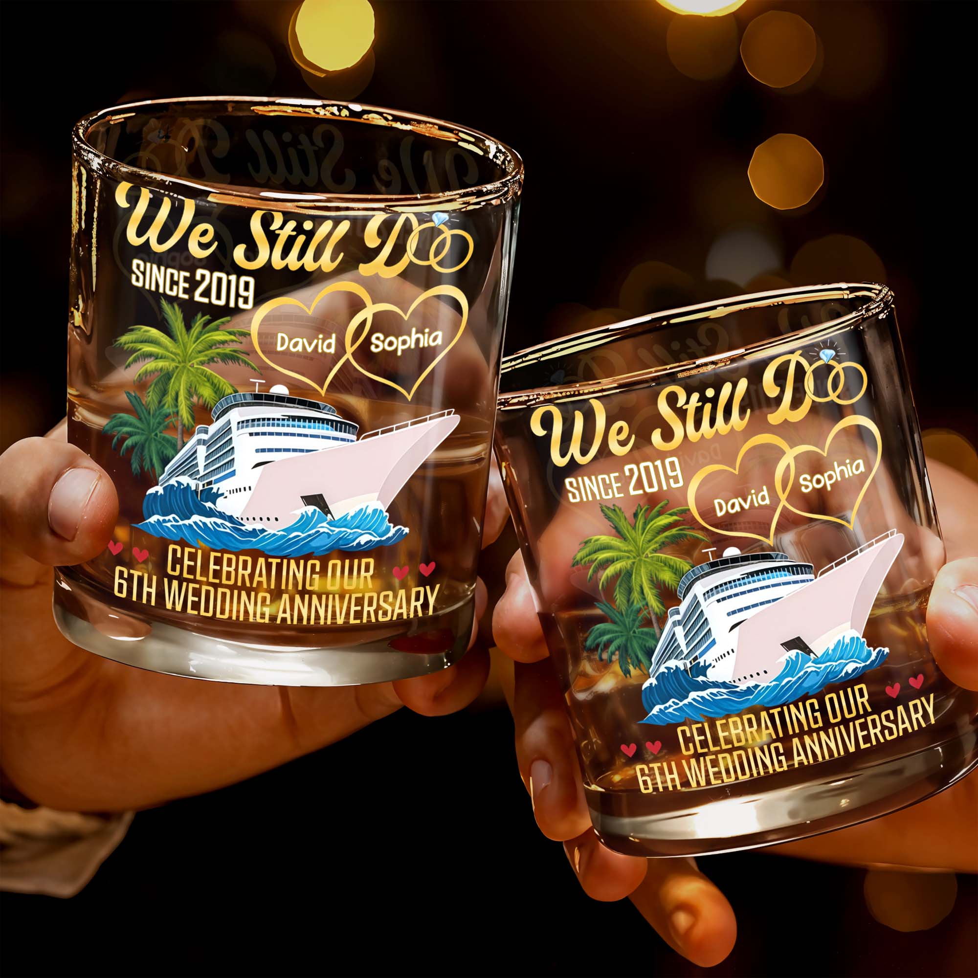 Celebrating Our Wedding Anniversary, Palm Trees And Cruise Ship - Personalized Custom Whiskey Glass - CPL978_RWG