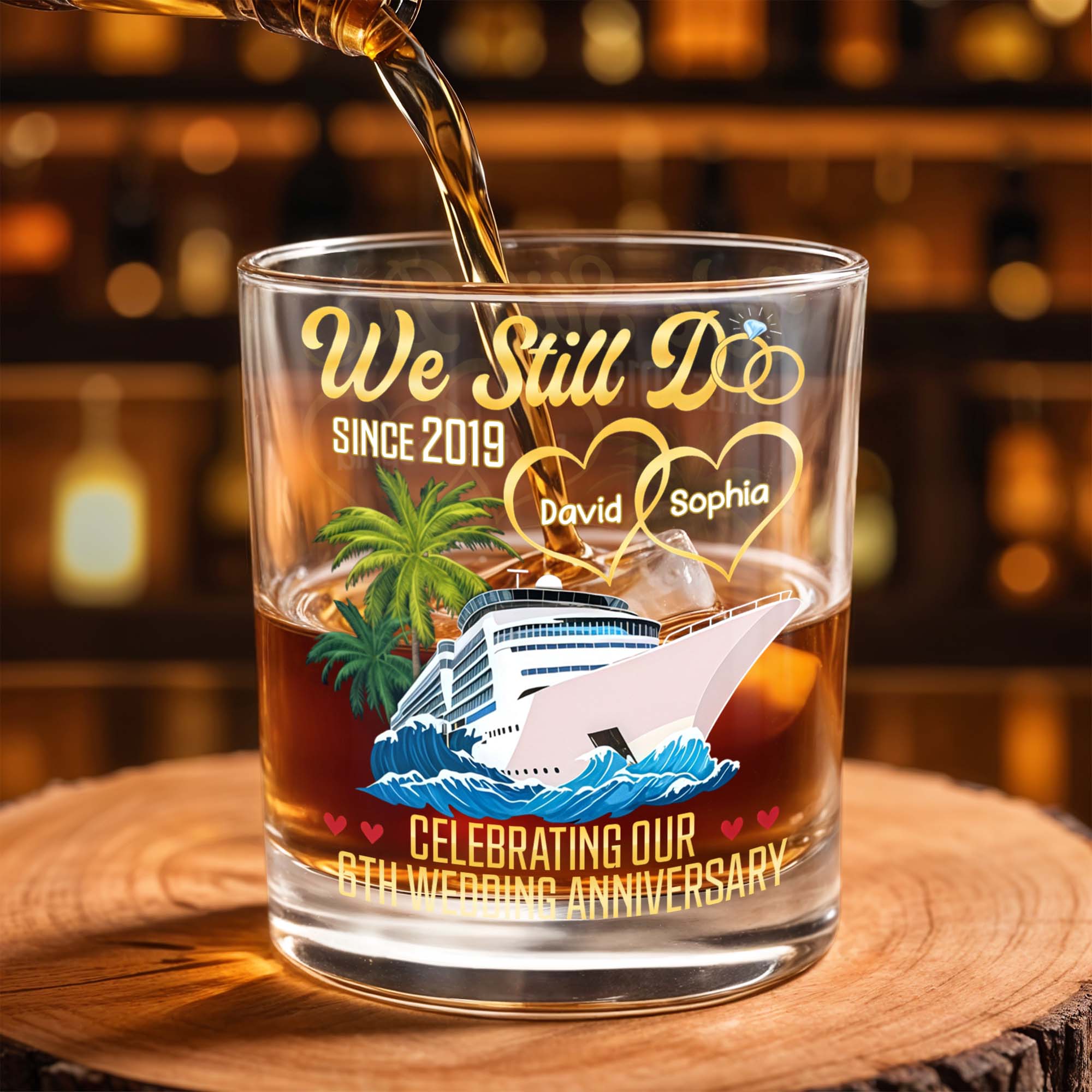 Celebrating Our Wedding Anniversary, Palm Trees And Cruise Ship - Personalized Custom Whiskey Glass - CPL978_RWG
