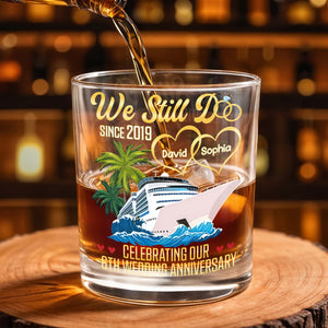 Celebrating Our Wedding Anniversary, Palm Trees And Cruise Ship - Personalized Custom Whiskey Glass - CPL978_RWG