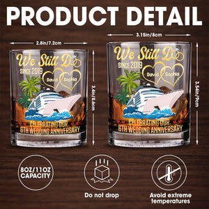 Celebrating Our Wedding Anniversary, Palm Trees And Cruise Ship - Personalized Custom Whiskey Glass - CPL978_RWG