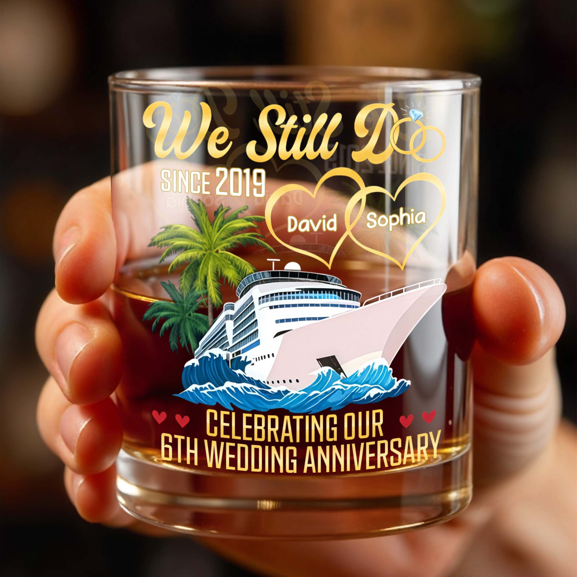 Celebrating Our Wedding Anniversary, Palm Trees And Cruise Ship - Personalized Custom Whiskey Glass - CPL978_RWG