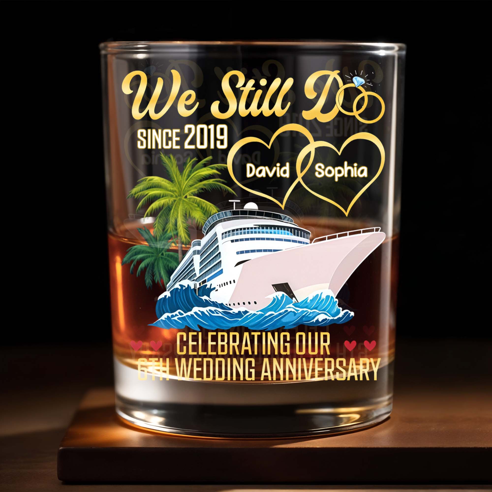 Celebrating Our Wedding Anniversary, Palm Trees And Cruise Ship - Personalized Custom Whiskey Glass - CPL978_RWG