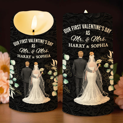 Our First Valentine's Day As Mr. & Mrs., Couple And Flowers - Personalized Custom LED Candle - CPL991_LECA