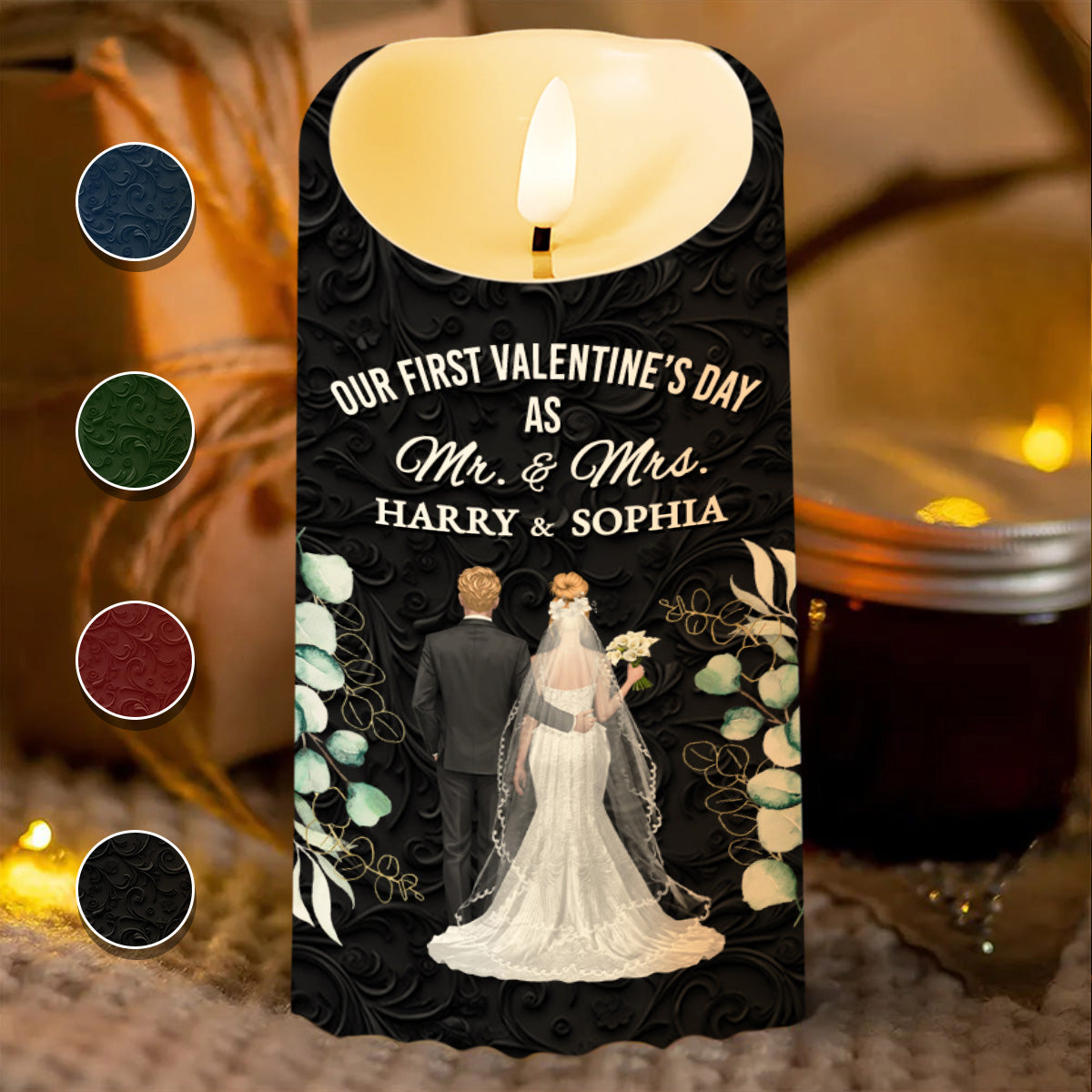 Our First Valentine's Day As Mr. & Mrs., Couple And Flowers - Personalized Custom LED Candle - CPL991_LECA