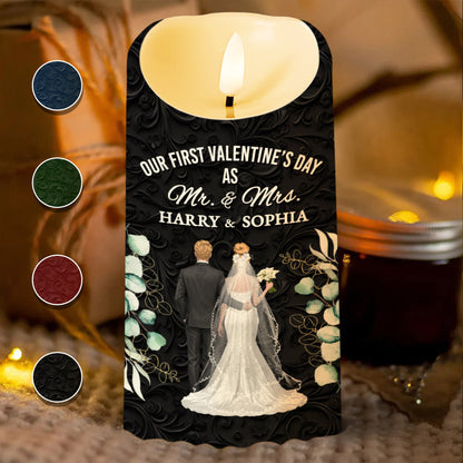 Our First Valentine's Day As Mr. & Mrs., Couple And Flowers - Personalized Custom LED Candle - CPL991_LECA