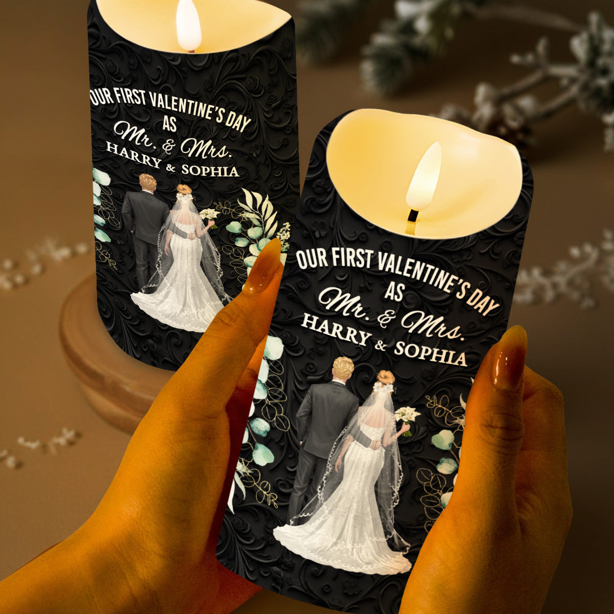 Our First Valentine's Day As Mr. & Mrs., Couple And Flowers - Personalized Custom LED Candle - CPL991_LECA