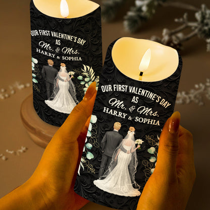 Our First Valentine's Day As Mr. & Mrs., Couple And Flowers - Personalized Custom LED Candle - CPL991_LECA